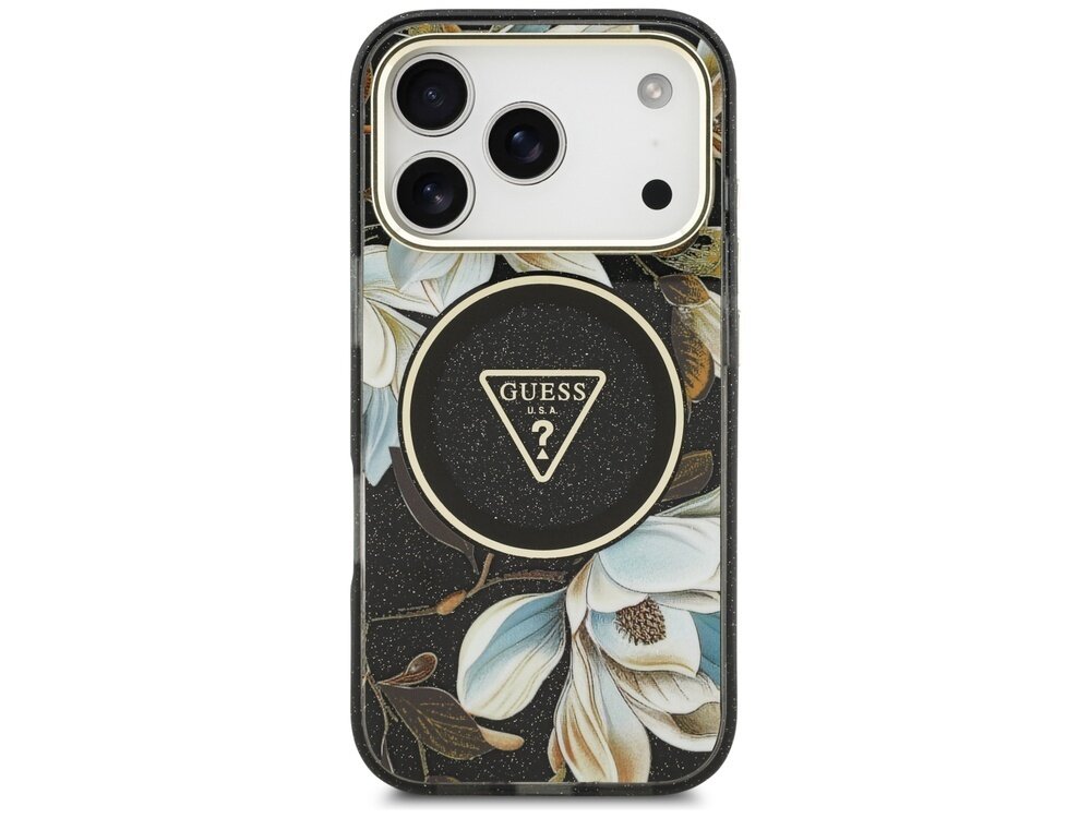 Etui na telefon z czarnym tłem ozdobionym kwiatowym wzorem i logo \'GUESS U.S.A\' w trójkącie. W górnej części widoczne są otwory na aparat z trzema obiektywami.