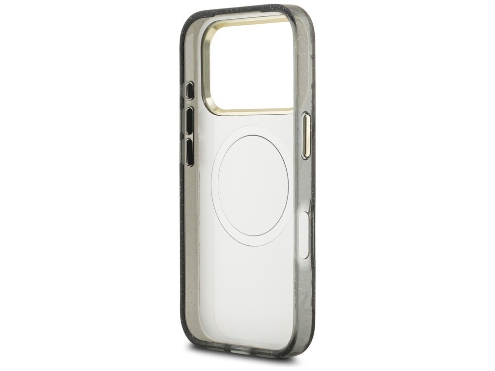 Przezroczyste etui na telefon z czarnymi krawędziami i okrągłym wzorem na środku, przeznaczone do urządzeń z funkcją MagSafe.