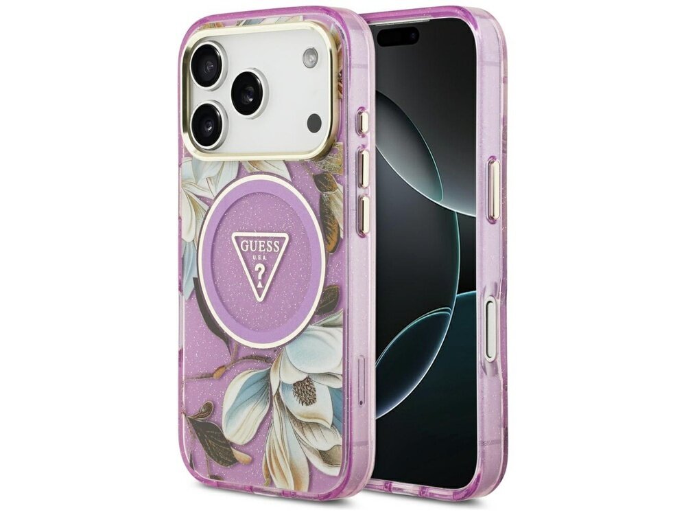 Fioletowe etui na telefon z kwiatowym wzorem i logo GUESS w kształcie trójkąta. Etui jest przezroczyste z brokatowym wykończeniem i posiada wycięcia na przyciski oraz aparat.