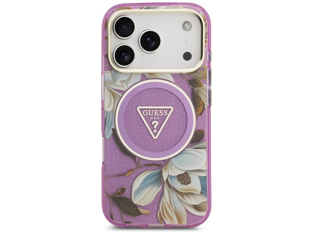 Fioletowe etui na telefon z kwiatowym wzorem i logo \'GUESS U.S.A\' w trójkącie. Etui posiada wycięcia na aparat i inne elementy telefonu.