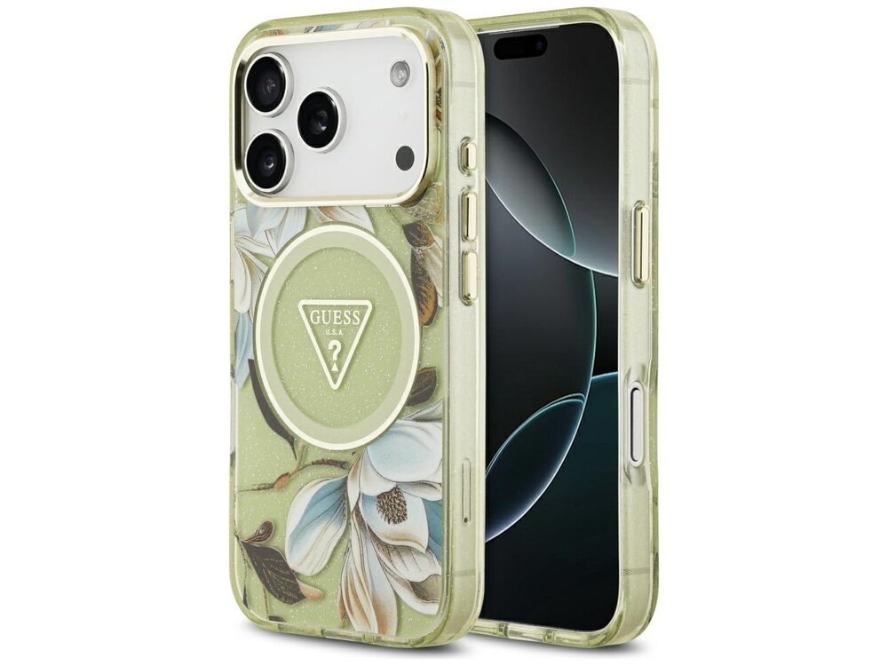 Zielone etui na telefon z kwiatowym wzorem i logo GUESS w kształcie trójkąta. Etui posiada wycięcia na aparat i przyciski oraz jest kompatybilne z MagSafe.