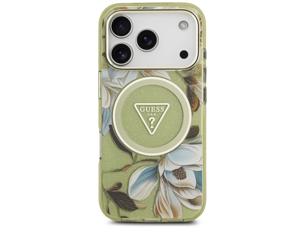 Zielone etui na telefon z kwiatowym wzorem i logo GUESS w kształcie trójkąta. Etui posiada wycięcia na aparat i inne elementy telefonu.