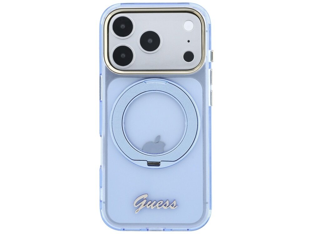 Jasnoniebieskie etui na telefon z trzema aparatami i napisem \'Guess\' na dole. Etui posiada okrągły uchwyt na środku z widocznym logo Apple.