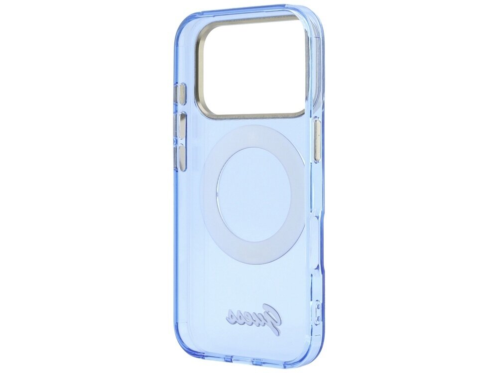 Jasnoniebieskie etui na telefon z przezroczystym pierścieniem na środku i napisem \'Guess\' na dole. Etui ma wycięcie na aparat i przyciski boczne.