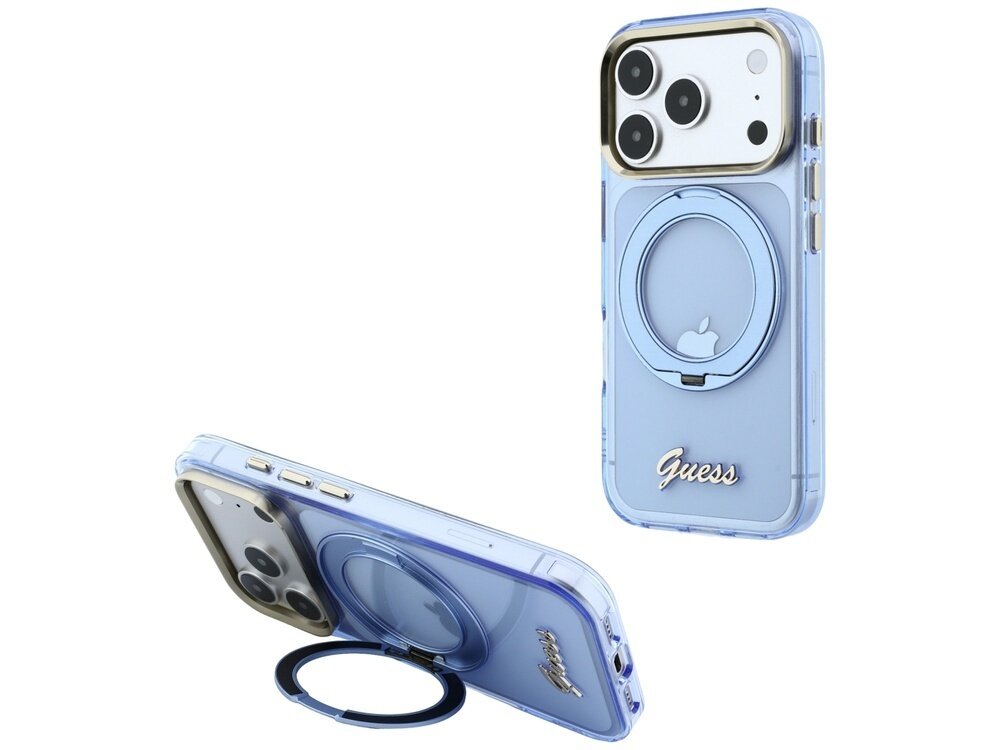 Jasnoniebieskie etui na telefon z okrągłym uchwytem i napisem \'Guess\' na dole. Etui posiada wycięcia na aparat i przyciski boczne.