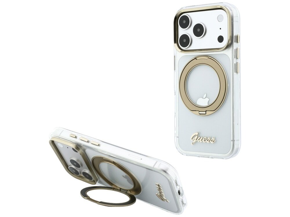 Przezroczyste etui na telefon z metalowym pierścieniem i napisem \'Guess\' na dole. Etui posiada wycięcia na aparat i przyciski boczne.