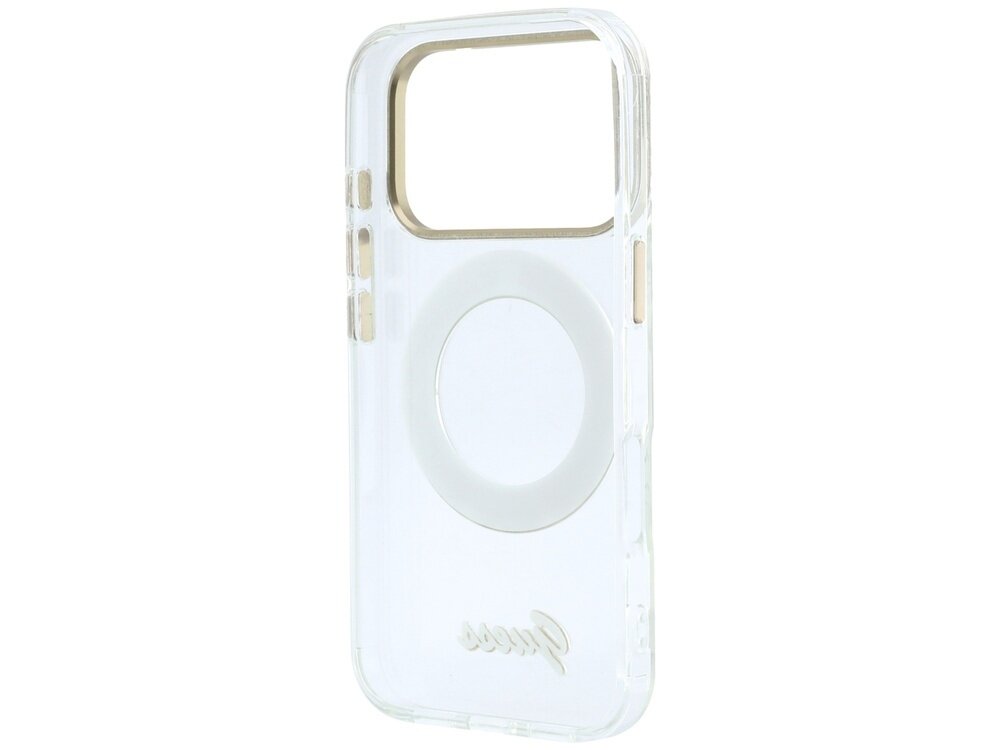Przezroczyste etui na telefon z okrągłym uchwytem na środku i wycięciem na aparat. Na dole widoczne jest logo \'Guess\'.
