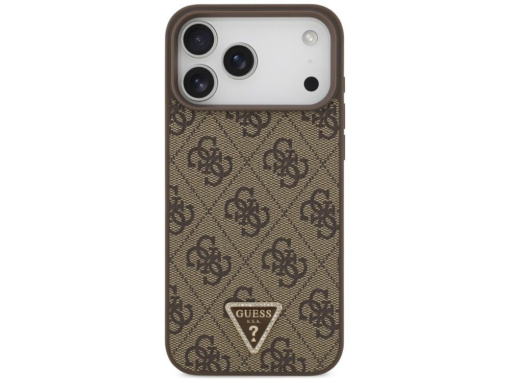 Brązowe etui na telefon z wzorem 4G i trójkątnym logo GUESS U.S.A. na dole. Etui posiada wycięcia na trzy obiektywy aparatu i dodatkowe otwory.