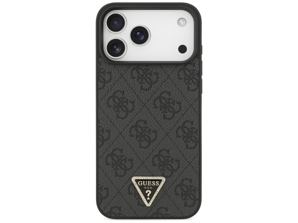 Czarne etui na telefon z wzorem logo i trójkątnym emblematem z napisem \'GUESS U.S.A.\' na dole. Etui posiada wycięcia na trzy obiektywy aparatu i lampę błyskową.