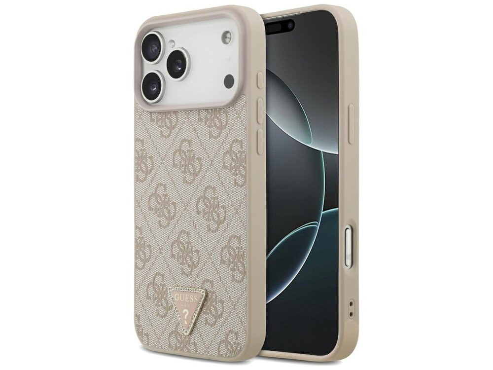 Etui na telefon z beżowym wzorem i logo GUESS w kształcie trójkąta na dole. Etui jest założone na telefon z trzema widocznymi obiektywami aparatu.