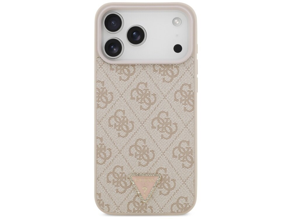 Etui na telefon w kolorze różowym z wzorem 4G i trójkątnym logo GUESS na dole. Etui posiada wycięcia na trzy obiektywy aparatu i dodatkowy otwór na lampę błyskową.