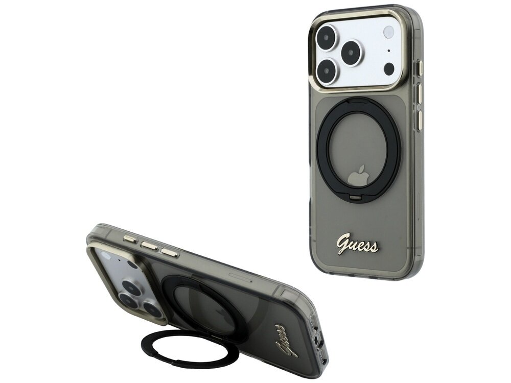 Etui na telefon w kolorze czarnym z logo \'Guess\' oraz okrągłym uchwytem na tylnej części. Etui jest przezroczyste z metalicznymi elementami wokół aparatu.