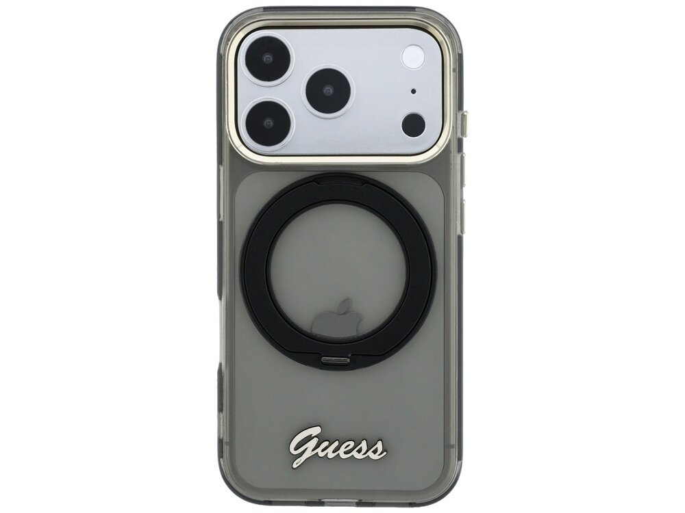 Etui na telefon z przezroczystym tyłem, czarnym pierścieniem i napisem \'Guess\' na dole. Widoczne są trzy obiektywy aparatu oraz logo Apple.