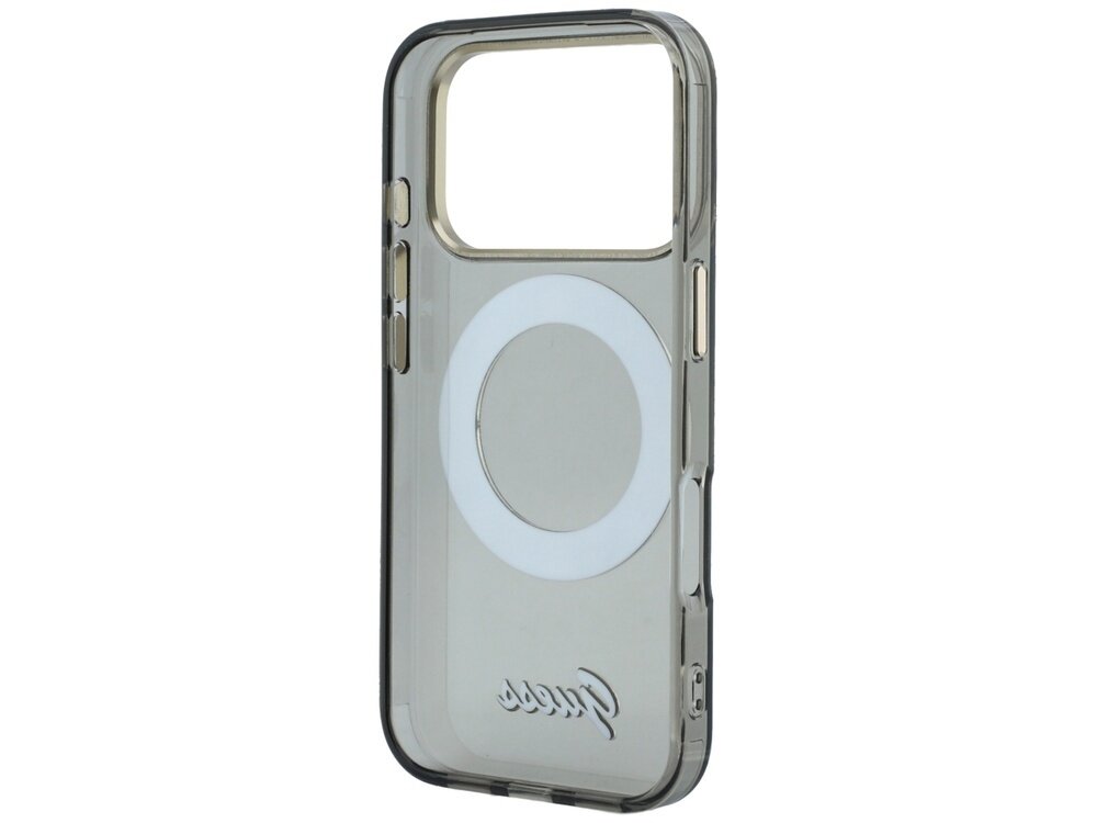 Przezroczyste etui na telefon z dużym otworem na aparat i okrągłym wzorem na środku. Na dole widoczny jest napis \'Guess\'.