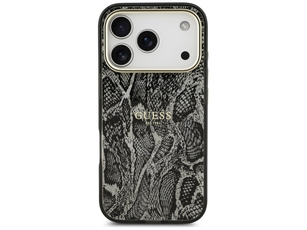 Etui na telefon z wzorem przypominającym skórę pytona, z widocznym logo \'GUESS EST 1981\'.