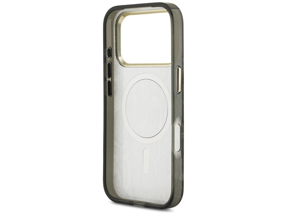 Etui na telefon z przezroczystym tyłem i ciemnymi bokami, posiada wycięcia na przyciski i aparat oraz okrągły wzór MagSafe.