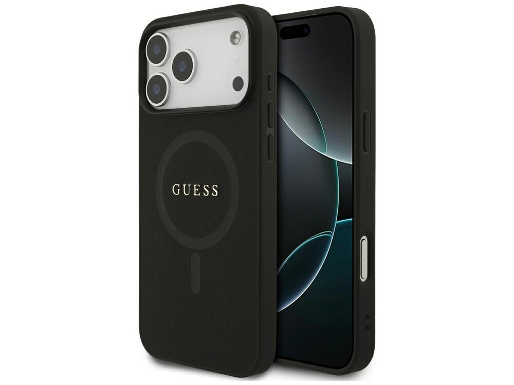 Czarne etui na telefon z napisem \'GUESS\' i okrągłym wzorem na tylnej części. Obok etui widoczny jest telefon z wyświetlaczem w ciemnych kolorach.