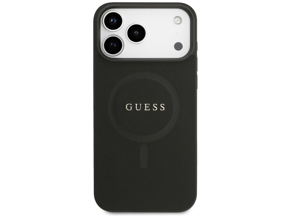 Czarne etui na telefon z napisem \'GUESS\' i okrągłym wzorem na środku. Widać trzy obiektywy aparatu telefonu w górnej części etui.