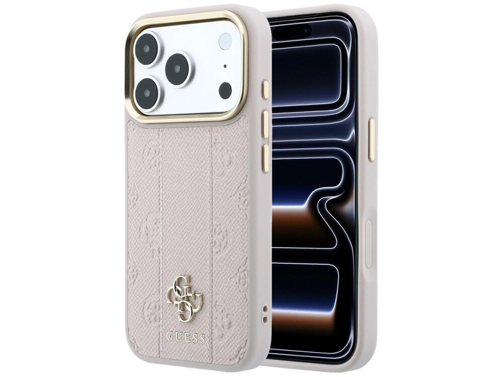 Różowe etui na telefon z logo GUESS, ozdobione wzorem 4G i przeznaczone do modeli Apple iPhone 17 Pro Max/18 Pro Max. Etui posiada wycięcia na aparat i przyciski oraz jest kompatybilne z MagSafe.