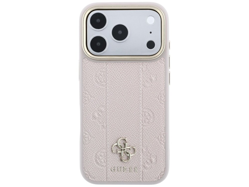 Różowe etui na telefon z logo GUESS, posiada teksturowaną powierzchnię z delikatnym wzorem i wycięciami na aparat. Na dole widoczne jest metaliczne logo GUESS.