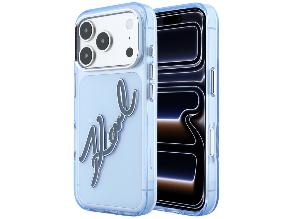 Niebieskie etui na telefon z dużym napisem \'Karl\' na tylnej części. Etui jest przezroczyste z metalicznymi elementami wokół aparatu.