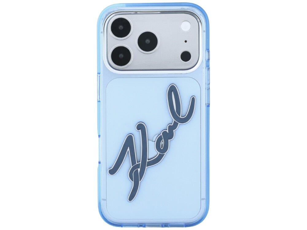 Niebieskie etui na telefon z dużym napisem \'Karl\' w ciemnym kolorze. Widoczne są trzy obiektywy aparatu oraz logo producenta na obudowie telefonu.