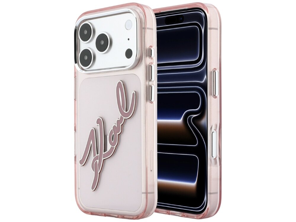 Różowe etui na telefon z dużym napisem \'Karl\' na tylnej części. Etui ma przezroczyste elementy i jest dopasowane do modelu telefonu z trzema aparatami.