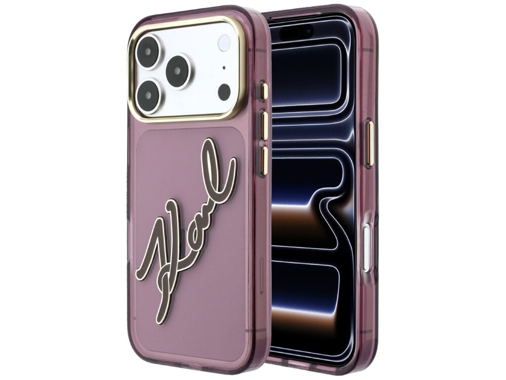 Burgundowe etui na telefon z dużym, ozdobnym napisem \'Karl\' w kolorze złotym. Etui posiada metalową ramkę wokół aparatu i przycisków.