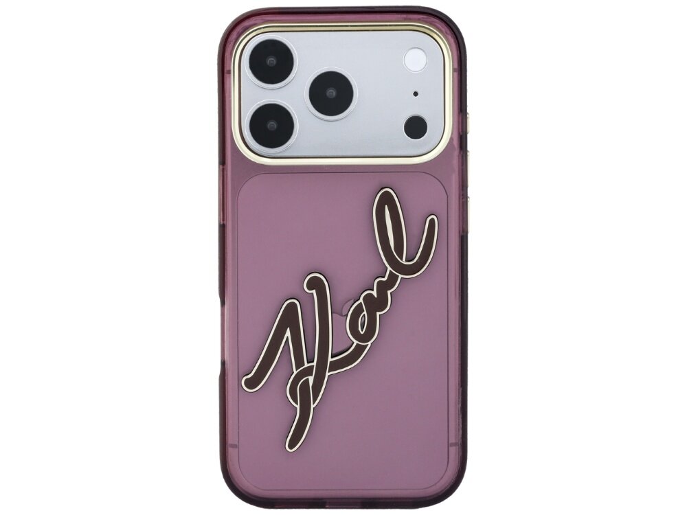 Burgundowe etui na telefon z dużym napisem \'Karl\' w złotym kolorze. Etui posiada wycięcia na aparat i przyciski.