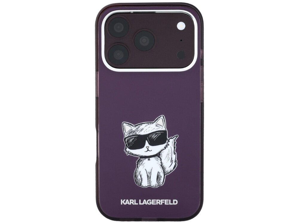 Burgundowe etui na telefon z nadrukiem kota w okularach przeciwsłonecznych. Na dole widoczny jest napis \'KARL LAGERFELD\'.