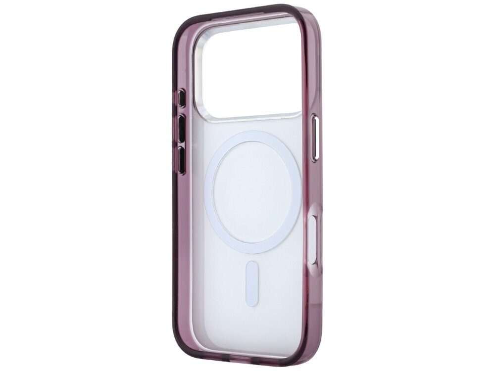 Etui na telefon w kolorze burgundowym z przezroczystym tyłem i widocznym okręgiem MagSafe. Posiada wycięcia na przyciski i aparat.