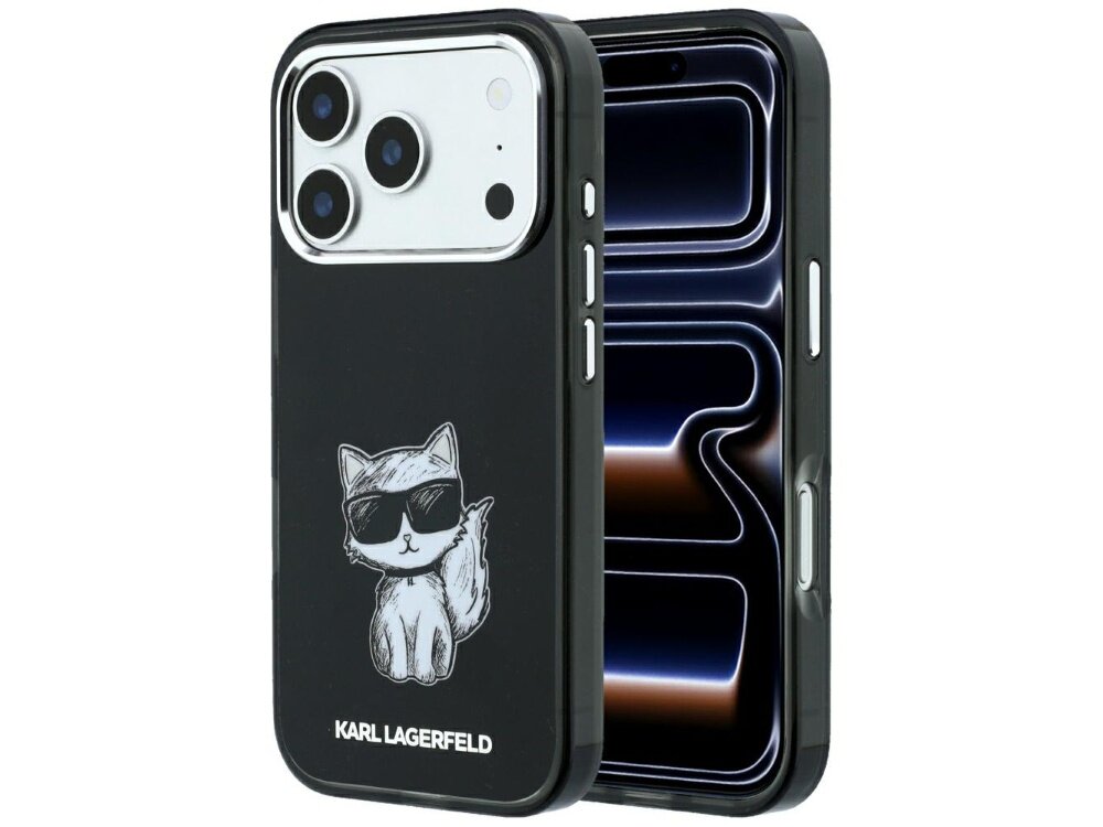 Czarne etui na telefon z nadrukiem kota w okularach przeciwsłonecznych i napisem \'KARL LAGERFELD\'. Etui jest przeznaczone do telefonu z trzema aparatami i posiada funkcję MagSafe.