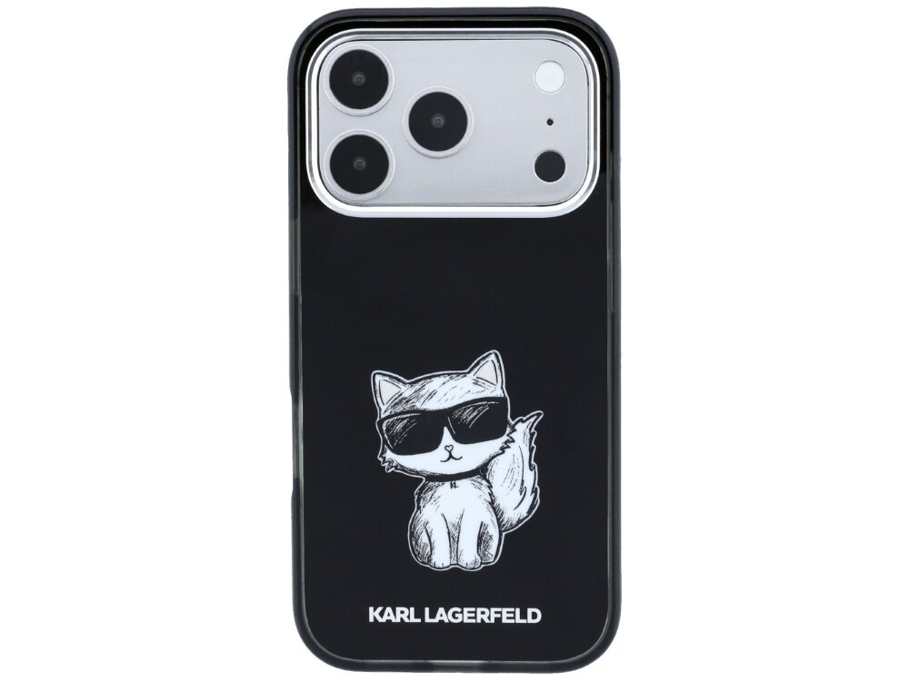 Czarne etui na telefon z nadrukiem kota w okularach przeciwsłonecznych oraz napisem \'KARL LAGERFELD\' na dole. Widoczny jest aparat telefonu z trzema obiektywami.