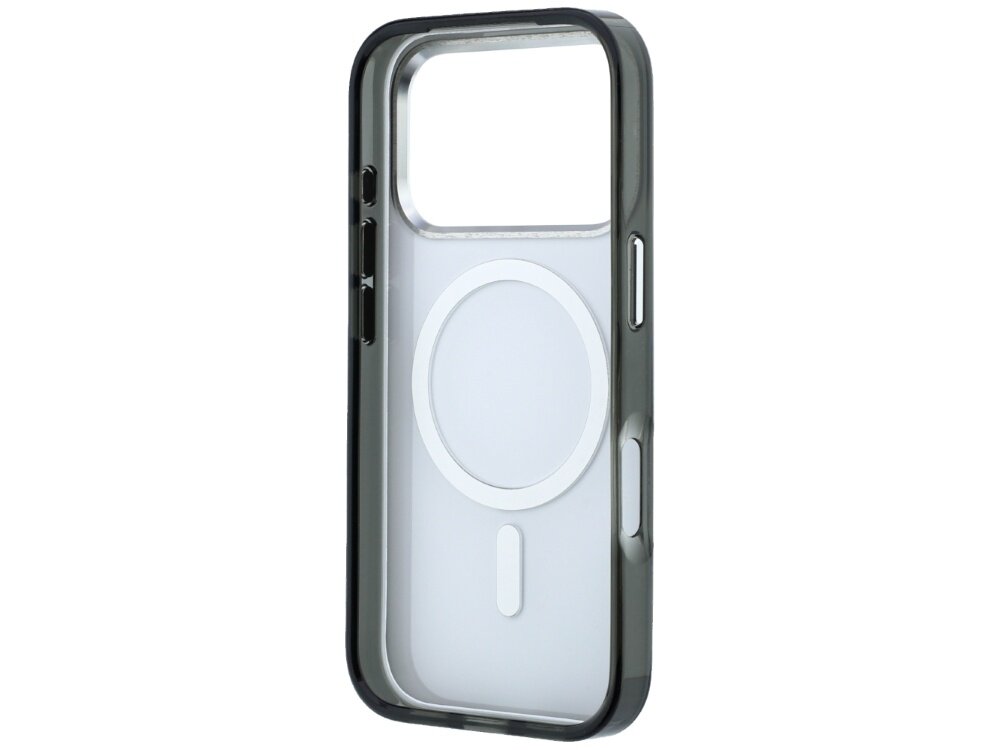 Czarne etui na telefon z przezroczystym tyłem i okrągłym wzorem na środku, przeznaczone do urządzeń z funkcją MagSafe. Posiada wycięcia na przyciski i aparat.