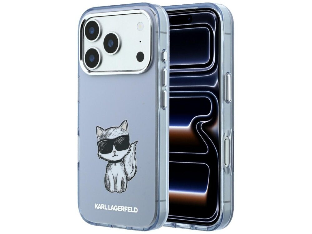 Etui na telefon w jasnoniebieskim kolorze z nadrukiem kota w okularach przeciwsłonecznych oraz napisem \'KARL LAGERFELD\'.