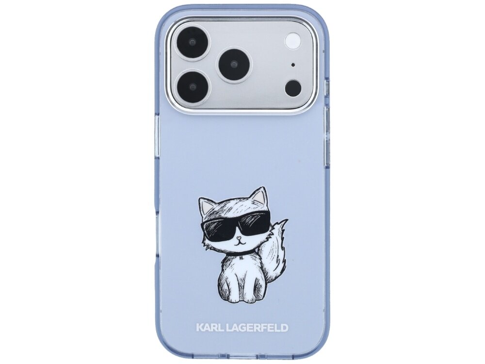 Jasnoniebieskie etui na telefon z nadrukiem kota w okularach przeciwsłonecznych. Na dole widoczny jest napis \'KARL LAGERFELD\'.