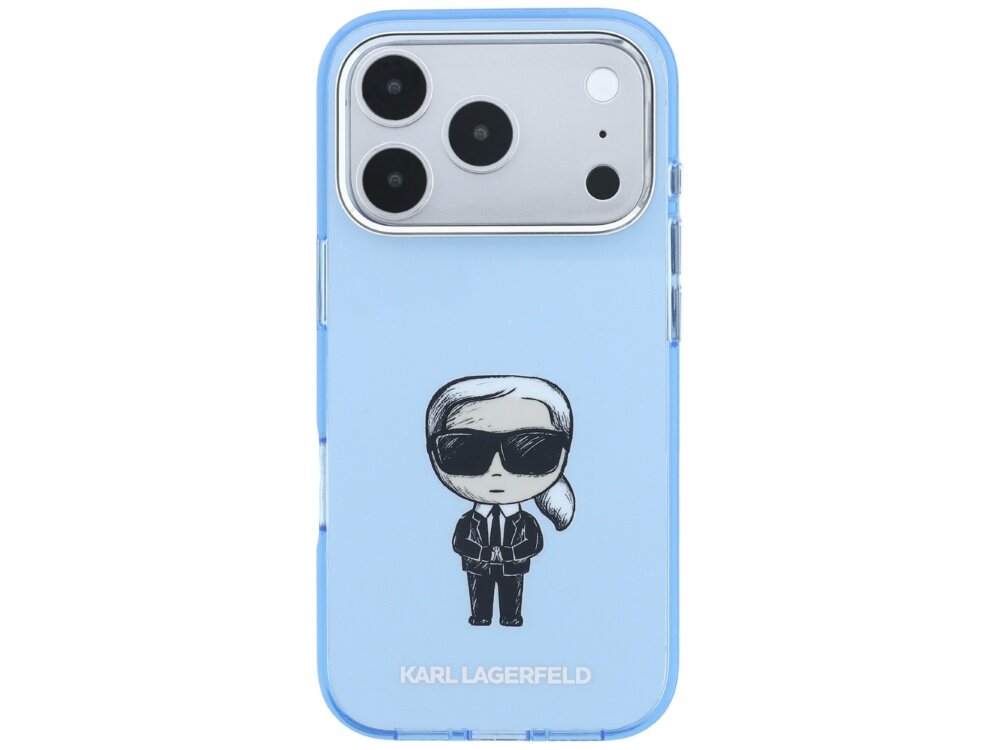 Jasnoniebieskie etui na telefon z rysunkiem postaci w okularach przeciwsłonecznych i napisem \'KARL LAGERFELD\' na dole. Widoczny jest aparat telefonu z trzema obiektywami.