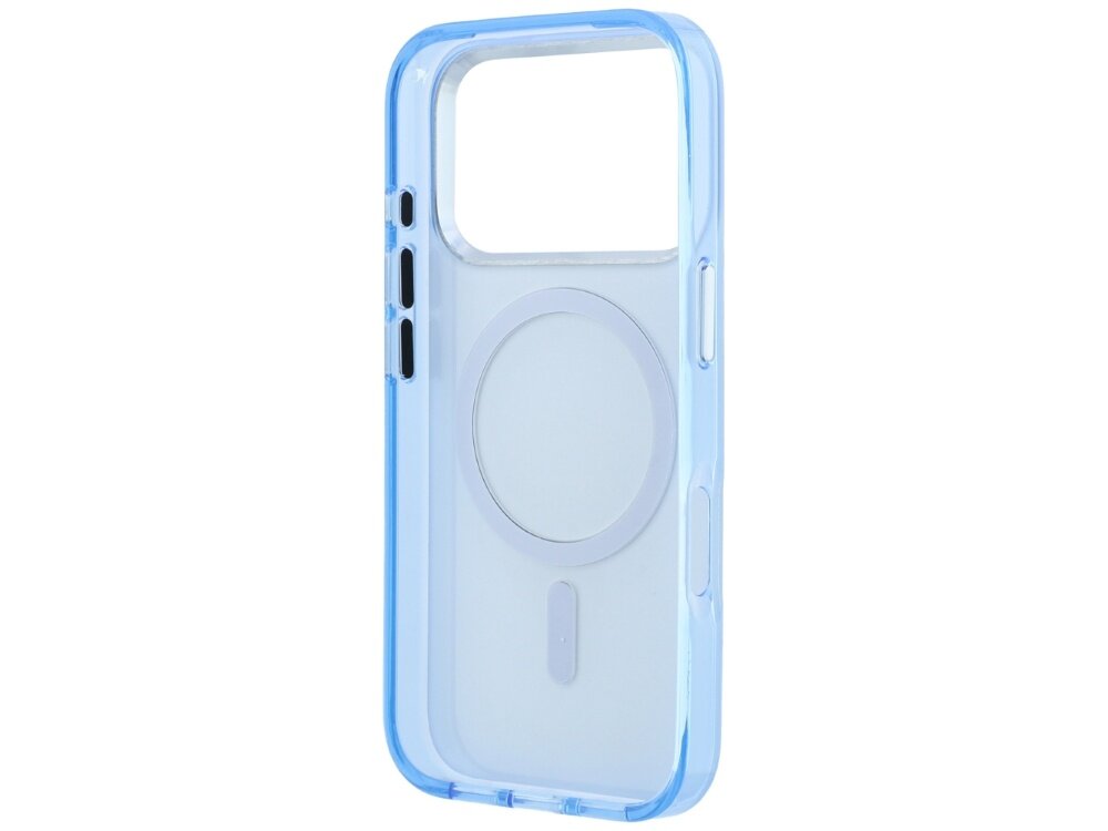 Jasnoniebieskie etui na telefon z przezroczystym tyłem i okrągłym wzorem na środku, przeznaczone do urządzeń z funkcją MagSafe.