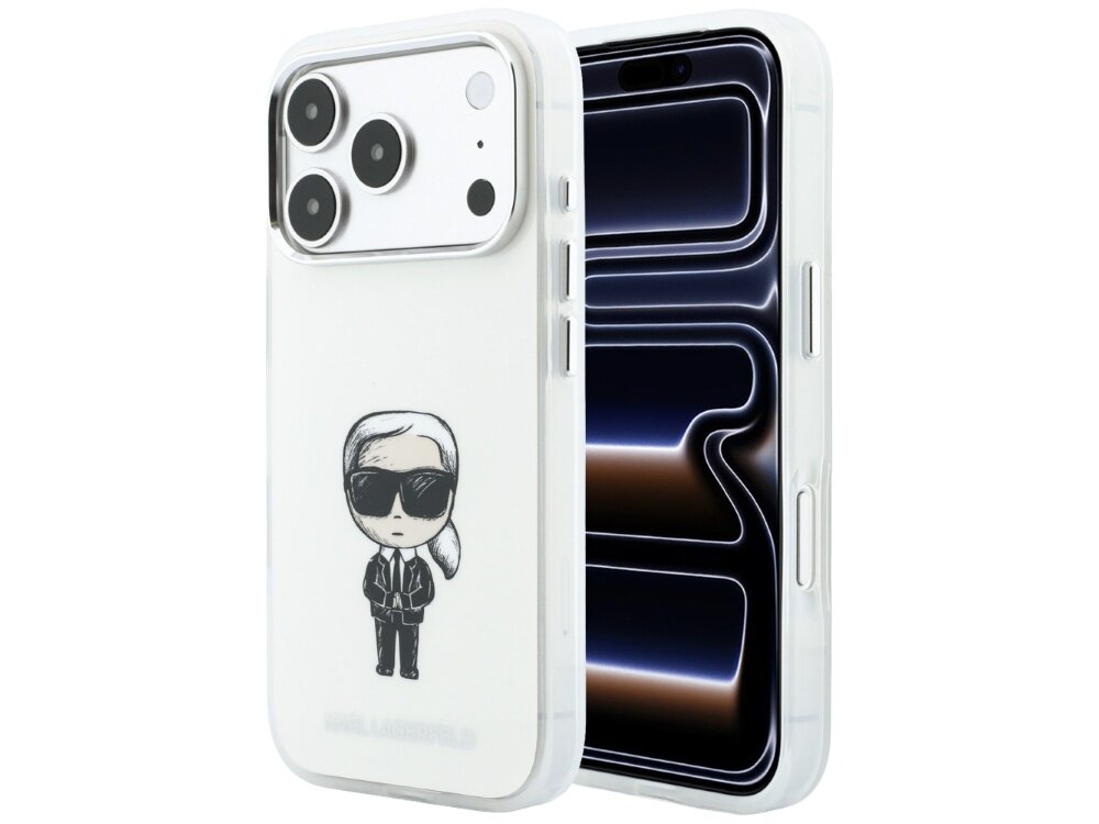Beżowe etui na telefon z nadrukiem postaci w okularach przeciwsłonecznych i napisem \'KARL LAGERFELD\' na dole. Etui jest przeznaczone do telefonu z trzema dużymi obiektywami aparatu.