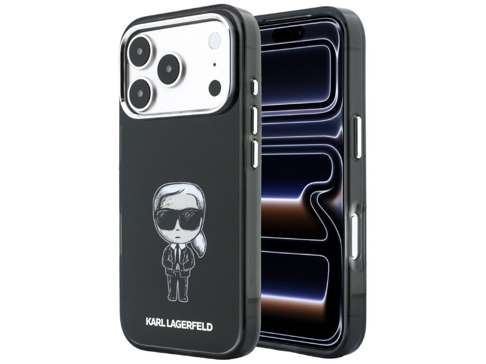 Czarne etui na telefon z nadrukiem postaci w okularach przeciwsłonecznych i napisem \'KARL LAGERFELD\'. Etui jest dopasowane do telefonu z trzema widocznymi obiektywami aparatu.