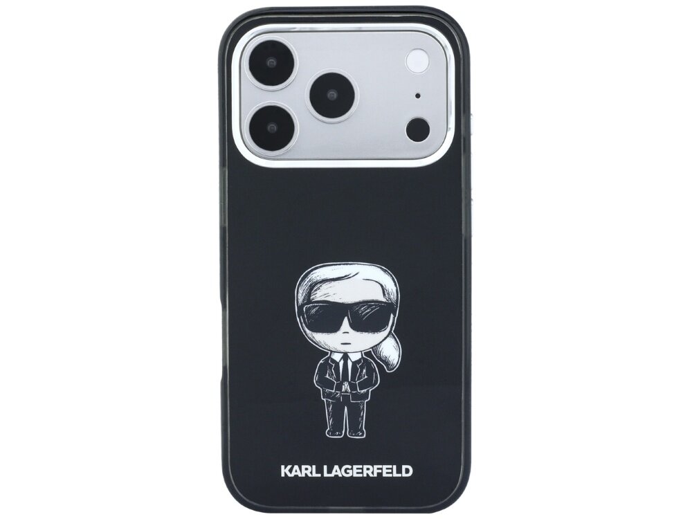 Czarne etui na telefon z grafiką postaci w okularach przeciwsłonecznych i napisem \'KARL LAGERFELD\' na dole. Widoczny jest aparat telefonu z trzema obiektywami.