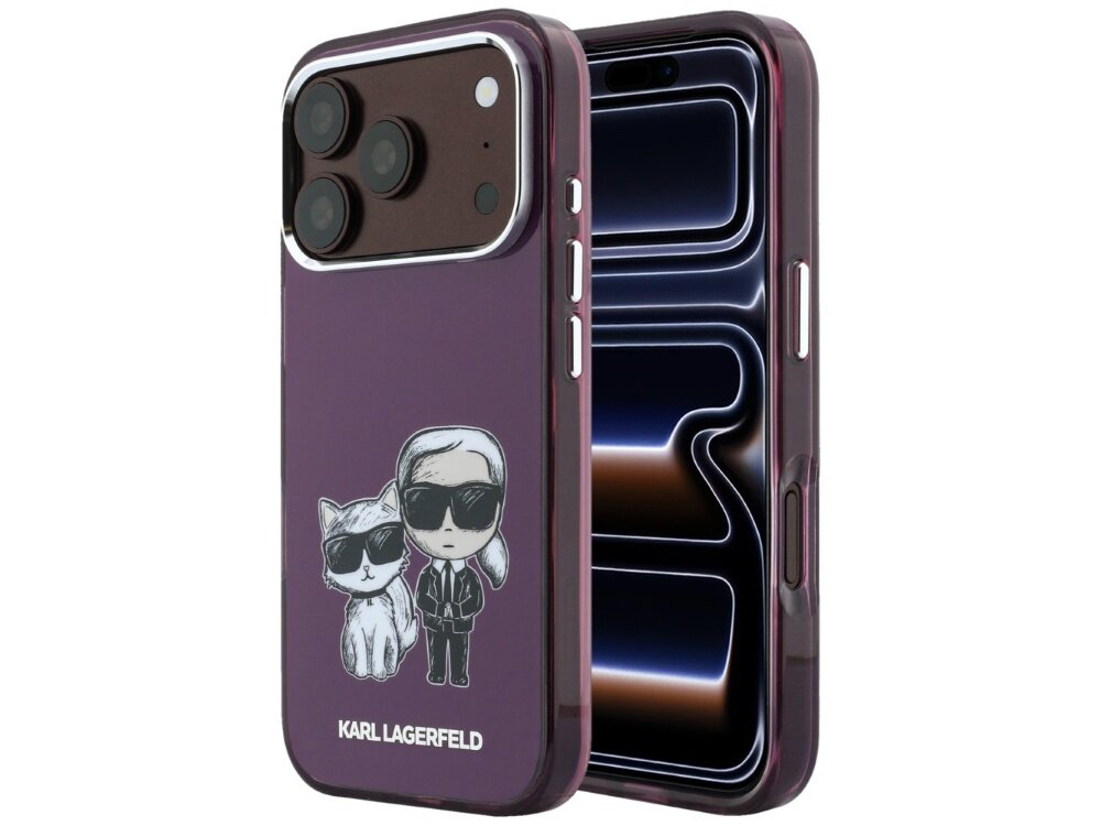 Burgundowe etui na telefon z grafiką przedstawiającą postacie w okularach przeciwsłonecznych. Na dole widoczny jest napis \'KARL LAGERFELD\'.
