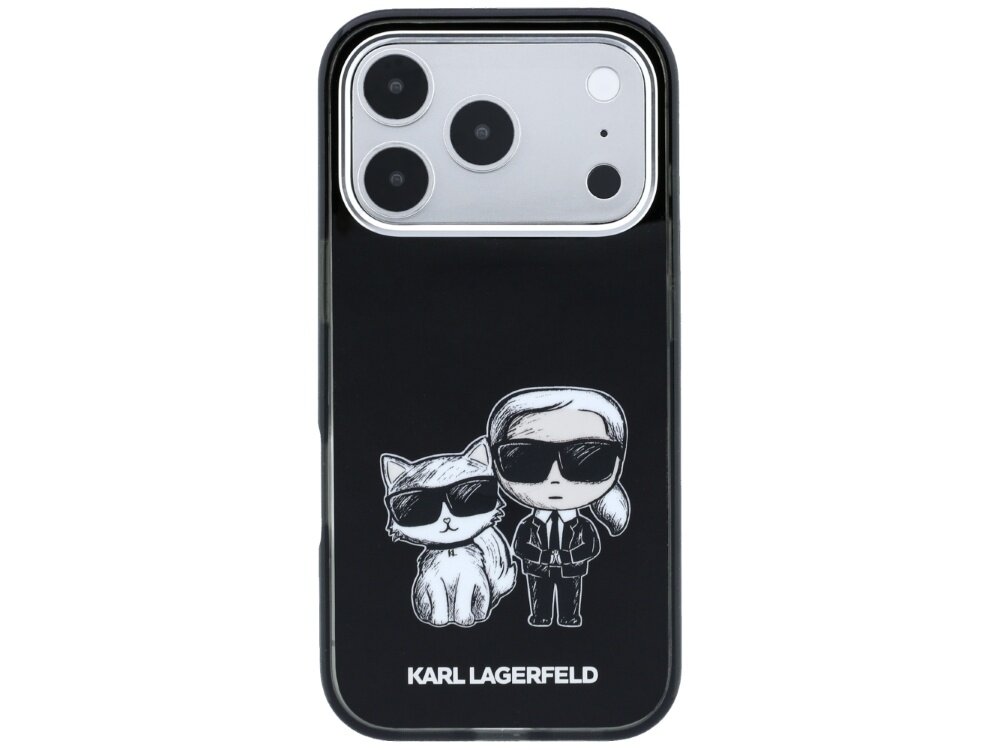 Czarne etui na telefon z grafiką przedstawiającą postacie w okularach przeciwsłonecznych oraz napisem \'KARL LAGERFELD\' na dole. Etui jest dopasowane do telefonu z trzema obiektywami aparatu.