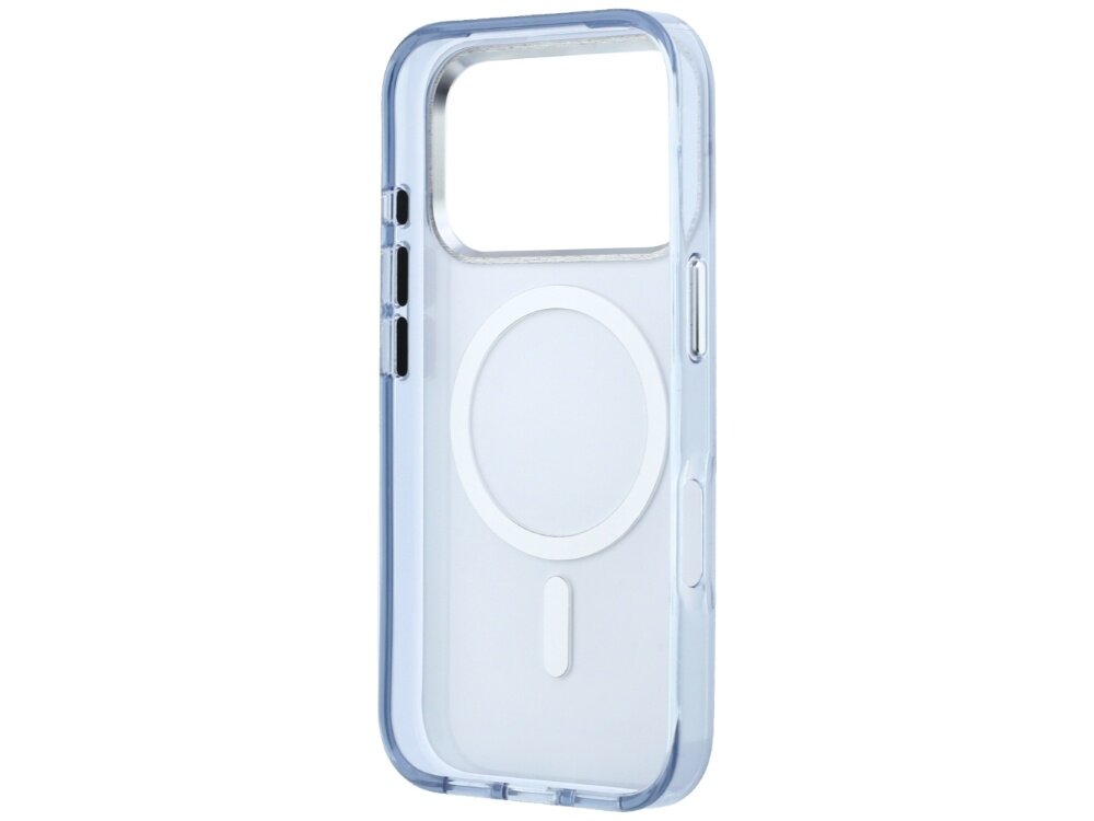 Jasnoniebieskie etui na telefon z przezroczystymi bokami i okrągłym wzorem MagSafe na tylnej części. Etui posiada wycięcia na przyciski i aparat.