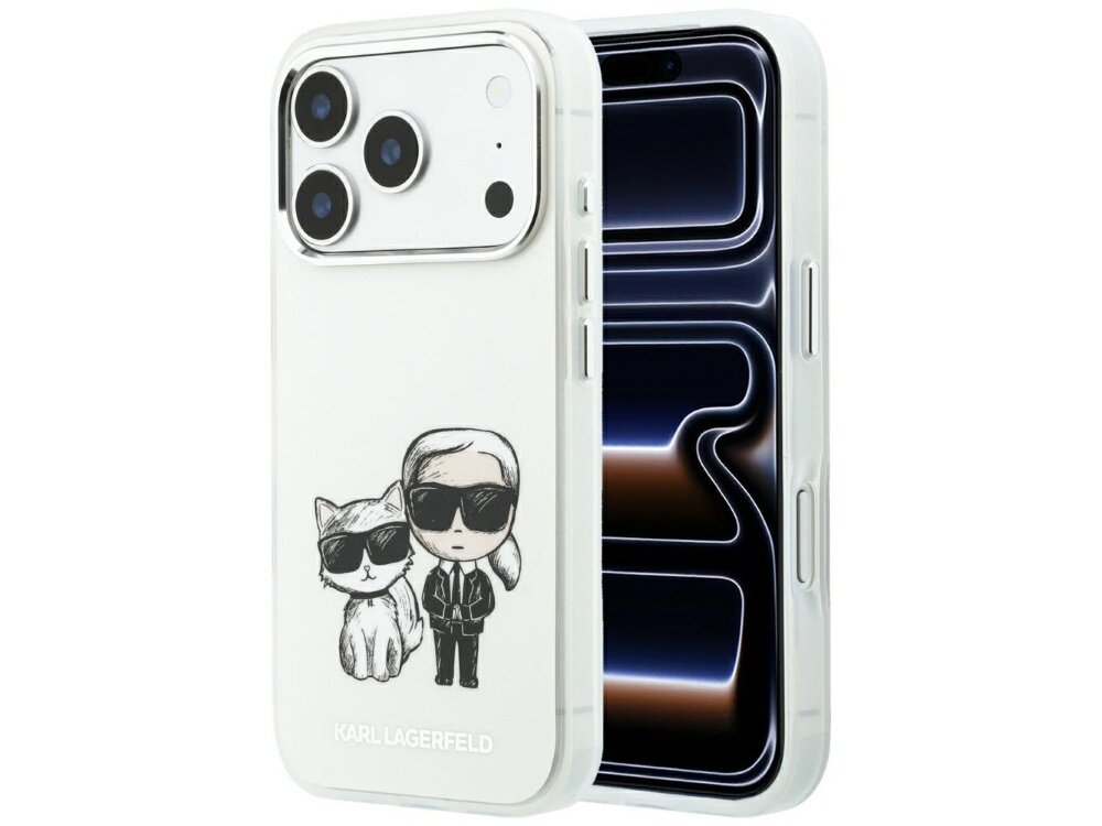 Etui na telefon w kolorze beżowym z grafiką przedstawiającą postać w okularach przeciwsłonecznych oraz kota. Na dole widnieje napis \'KARL LAGERFELD\'.
