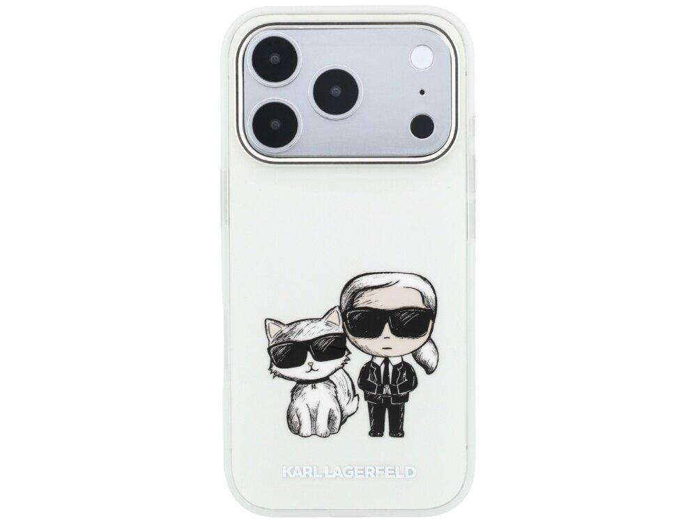 Beżowe etui na telefon z grafiką przedstawiającą postać w okularach przeciwsłonecznych i kota, również w okularach. Na dole widoczny jest napis \'KARL LAGERFELD\'.