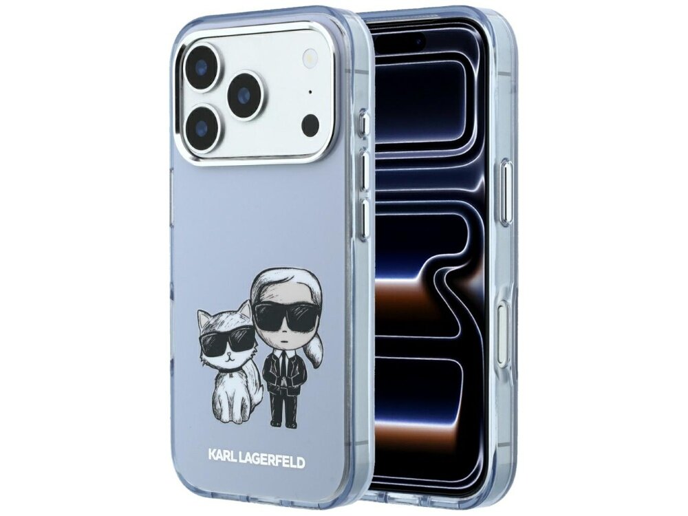 Jasnoniebieskie etui na telefon z grafiką przedstawiającą postacie w okularach przeciwsłonecznych oraz napisem \'KARL LAGERFELD\'.