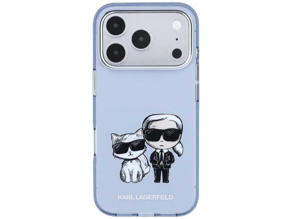 Jasnoniebieskie etui na telefon z grafiką przedstawiającą postać w okularach przeciwsłonecznych oraz kota, również w okularach. Na dole widnieje napis \'KARL LAGERFELD\'.