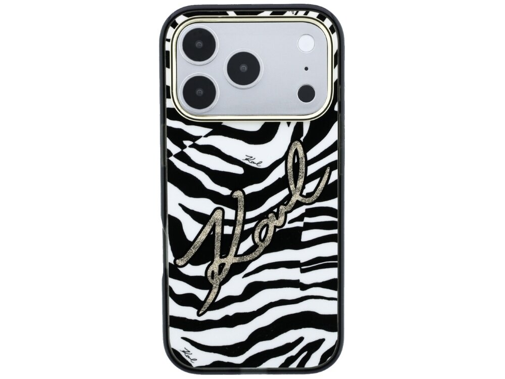 Etui na telefon z czarno-białym wzorem zebry i złotym napisem \'Karl\' na środku. W górnej części widoczne są otwory na aparat z trzema obiektywami.