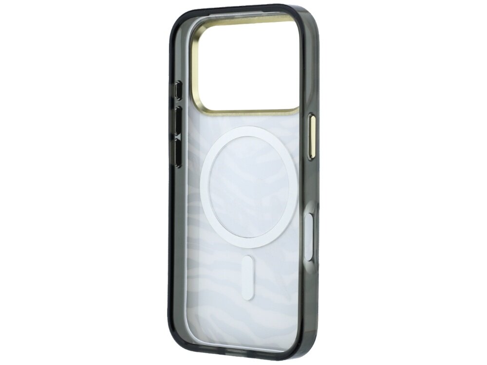 Etui na telefon z przezroczystym tyłem i wzorem w czarno-białe paski, posiada okrągły element MagSafe. Boki etui są ciemne z wycięciami na przyciski.